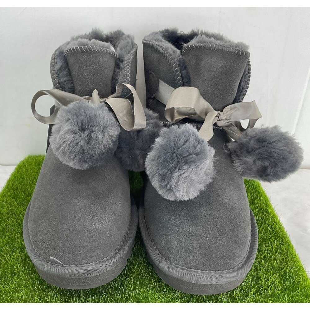 NEW HZSTAY Women's Suede Warm Snow Boots Wool Lined Pom Pom Grey  Compare to UGG